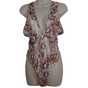 Shein Curve Snakeskin Print Bodysuit Plunge Neckline Women Size OXL 12 Brown